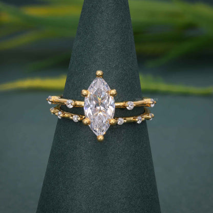 Bague de fiançailles cultivée en laboratoire taille marquise avec ensemble de bagues de mariée assorties