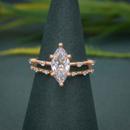 Bague de fiançailles Moissanite taille marquise avec ensemble de bagues de mariée assorties