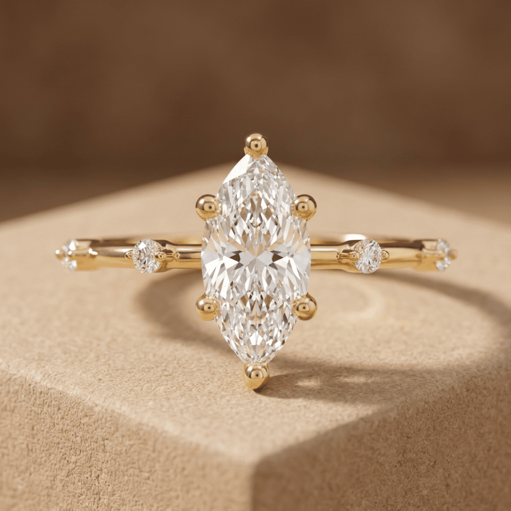 Marquise cut moissanite engagement ring with thin wedding band