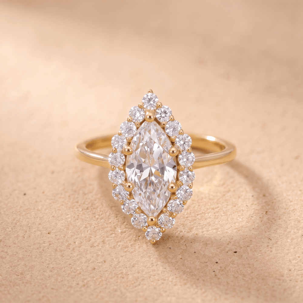 Lotus halo marquise cut moissanite diamond ring