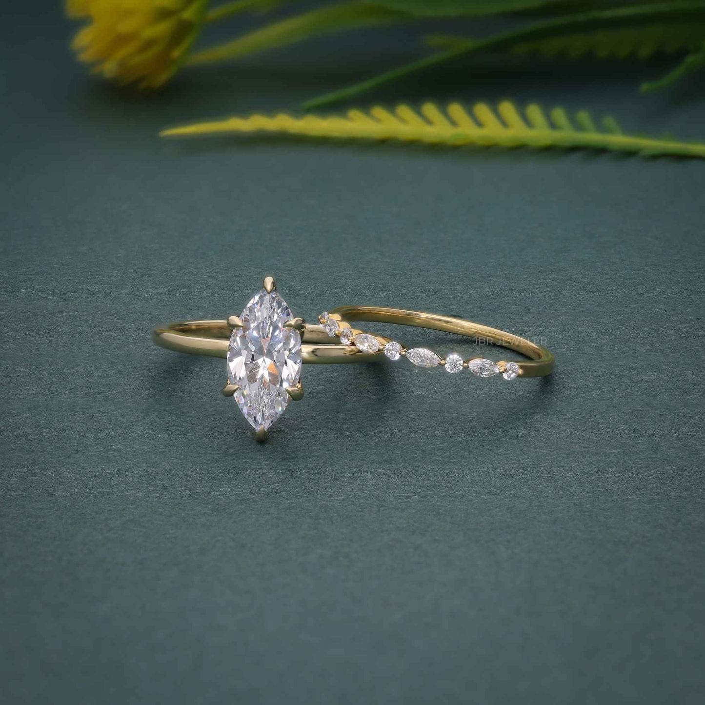 Ensembles de bagues de mariage avec diamants cultivés en laboratoire, coupe marquise et solitaire