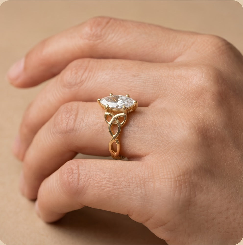 Marquise cut diamond Celtic bridal ring side view