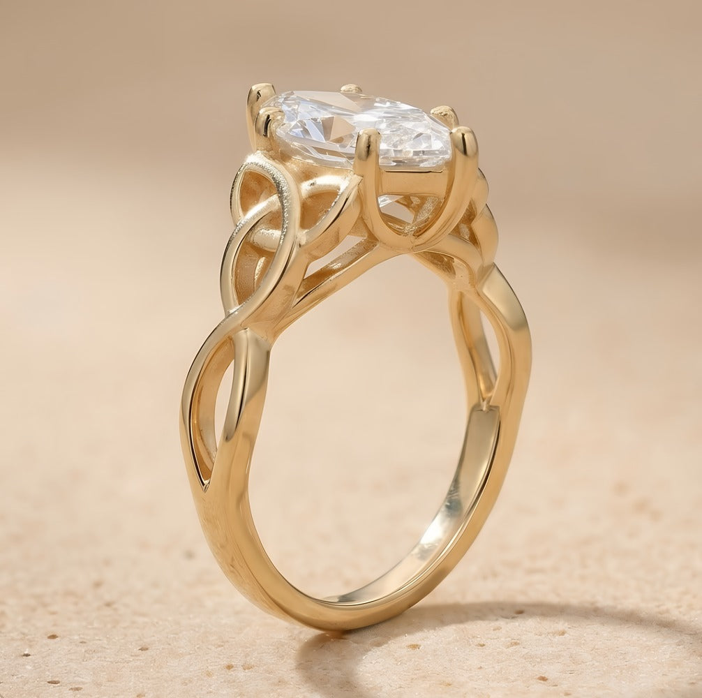 Marquise cut diamond Celtic bridal ring side view