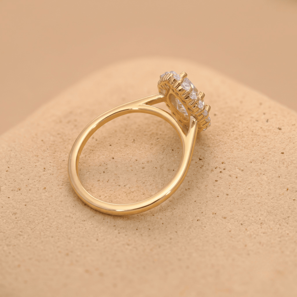 Lotus-inspired halo setting engagement ring side view