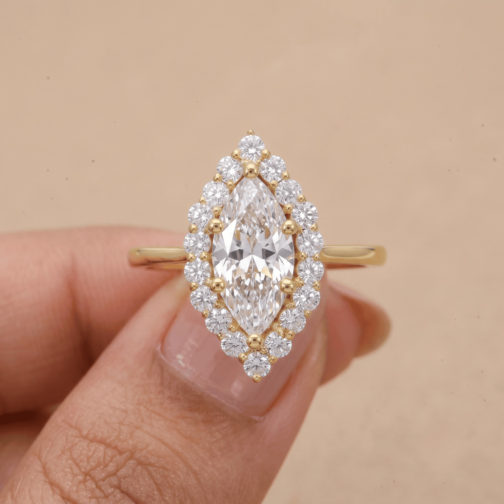 Marquise lotus halo engagement ring with lab grown diamond