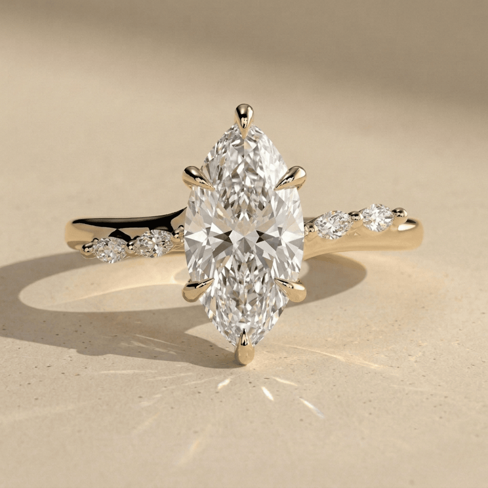 Marquise lab diamond engagement ring with hidden halo in yellow gold