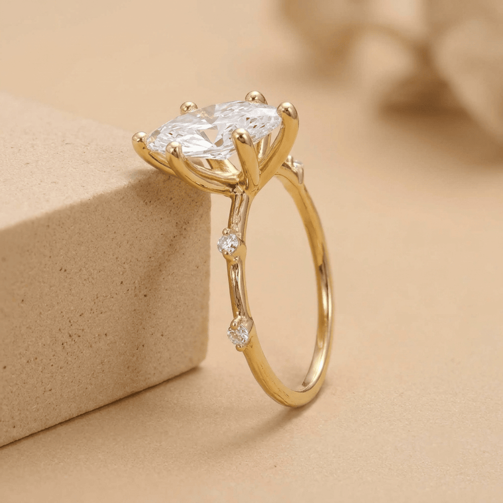 Dainty marquise lab diamond ring with thin gold band