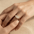 East west lab diamond ring with smooth signet band