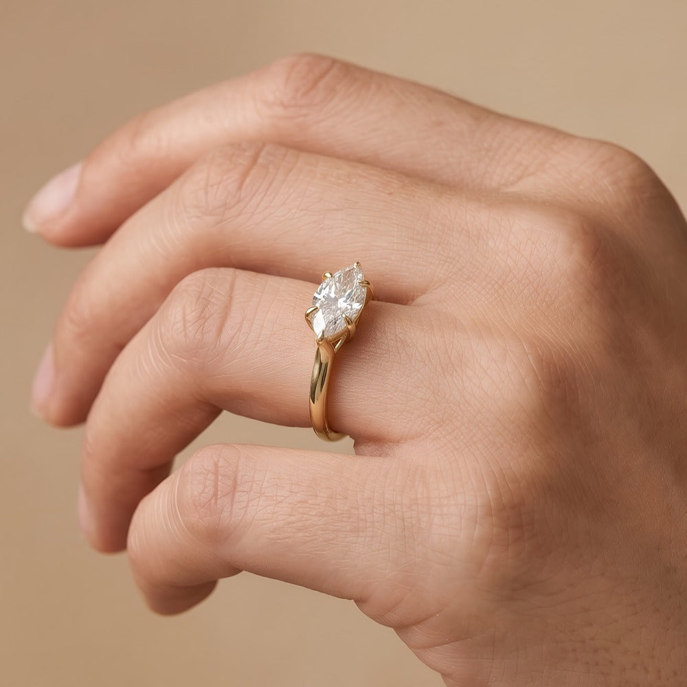 Marquise lab grown diamond east-west ring worn on hand Finger