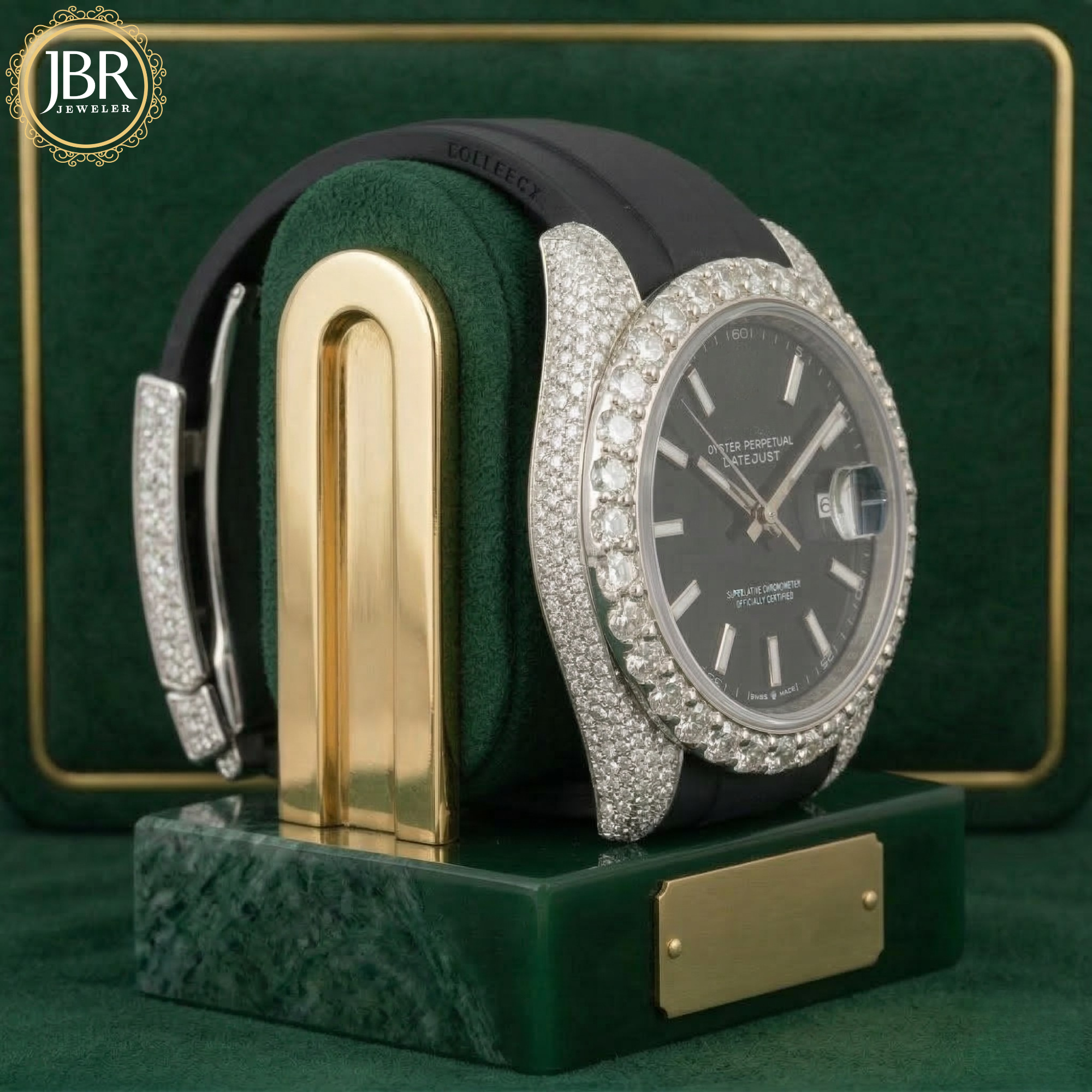 Premium men’s black dial moissanite watch with diamond style stones and silicone strap