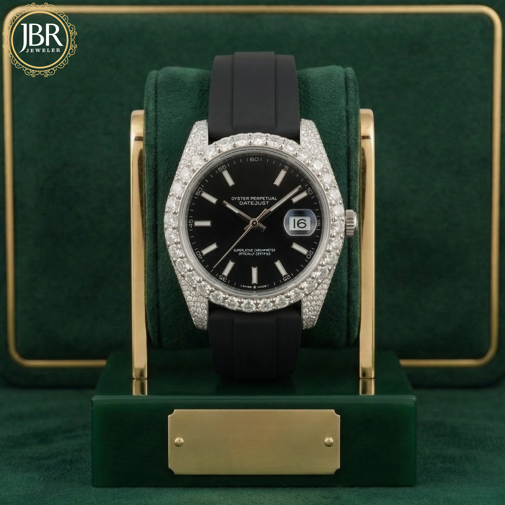 Luxury men’s moissanite watch with black dial and bold big bezel silicone strap design