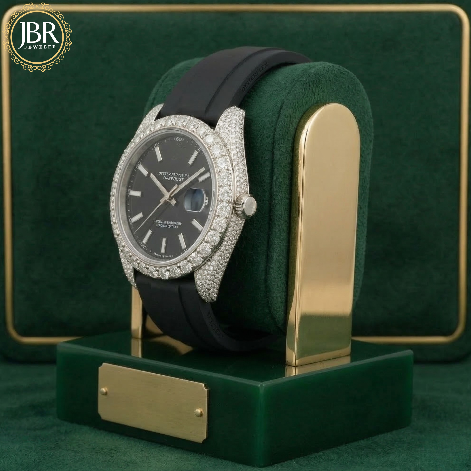 Men’s luxury moissanite watch big bezel black dial with durable black silicone strap