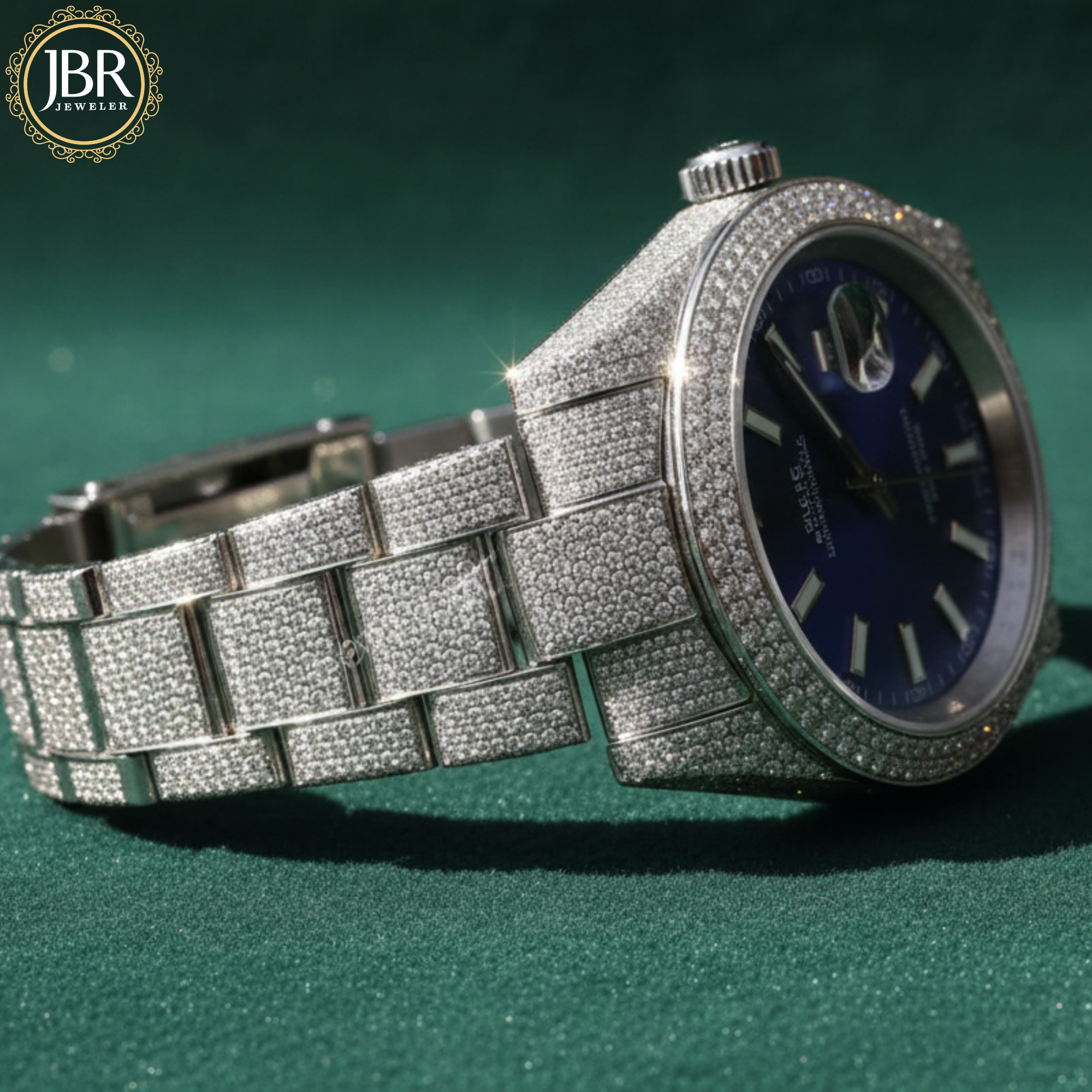 Men’s blue dial moissanite fully iced out watch with sparkling stones, bold luxury design, and polished metal strap for standout style.