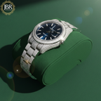 Men’s blue dial moissanite fully iced out watch with sparkling stones, bold luxury design, and polished metal strap for standout style.