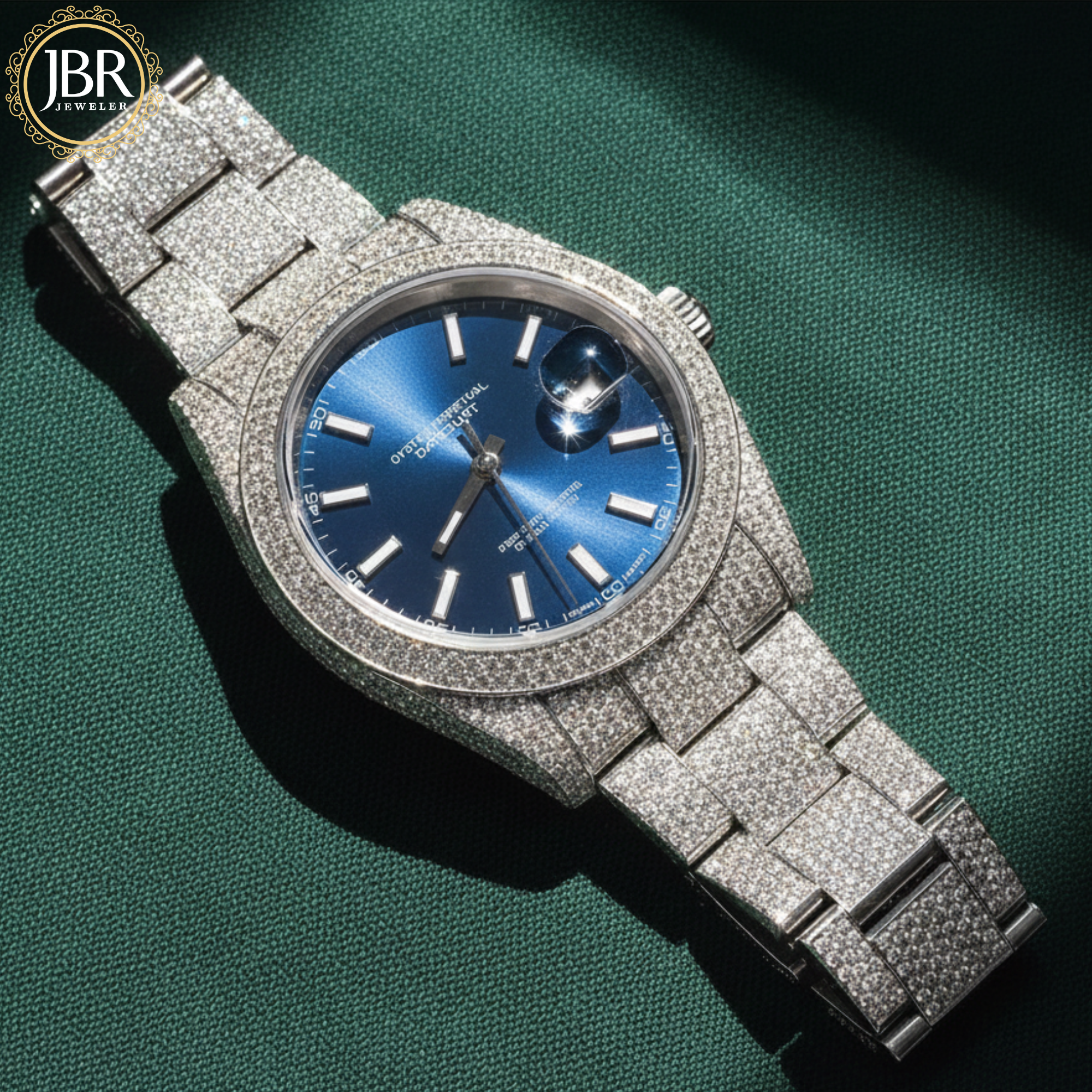 Men’s blue dial moissanite fully iced out watch with sparkling stones, bold luxury design, and polished metal strap for standout style.