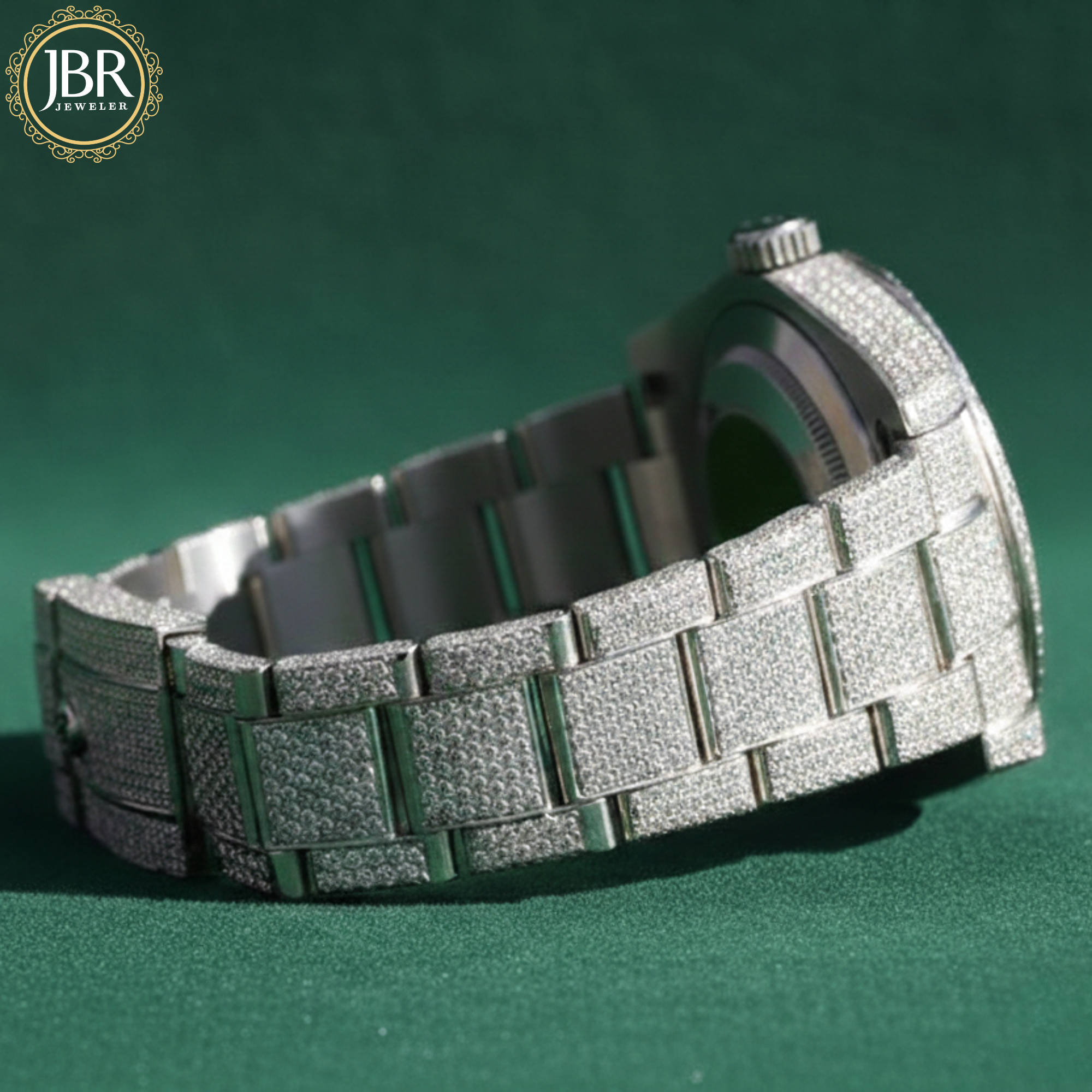 Men’s blue dial moissanite fully iced out watch with sparkling stones, bold luxury design, and polished metal strap for standout style.