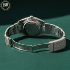 Men’s blue dial moissanite fully iced out watch with sparkling stones, bold luxury design, and polished metal strap for standout style.