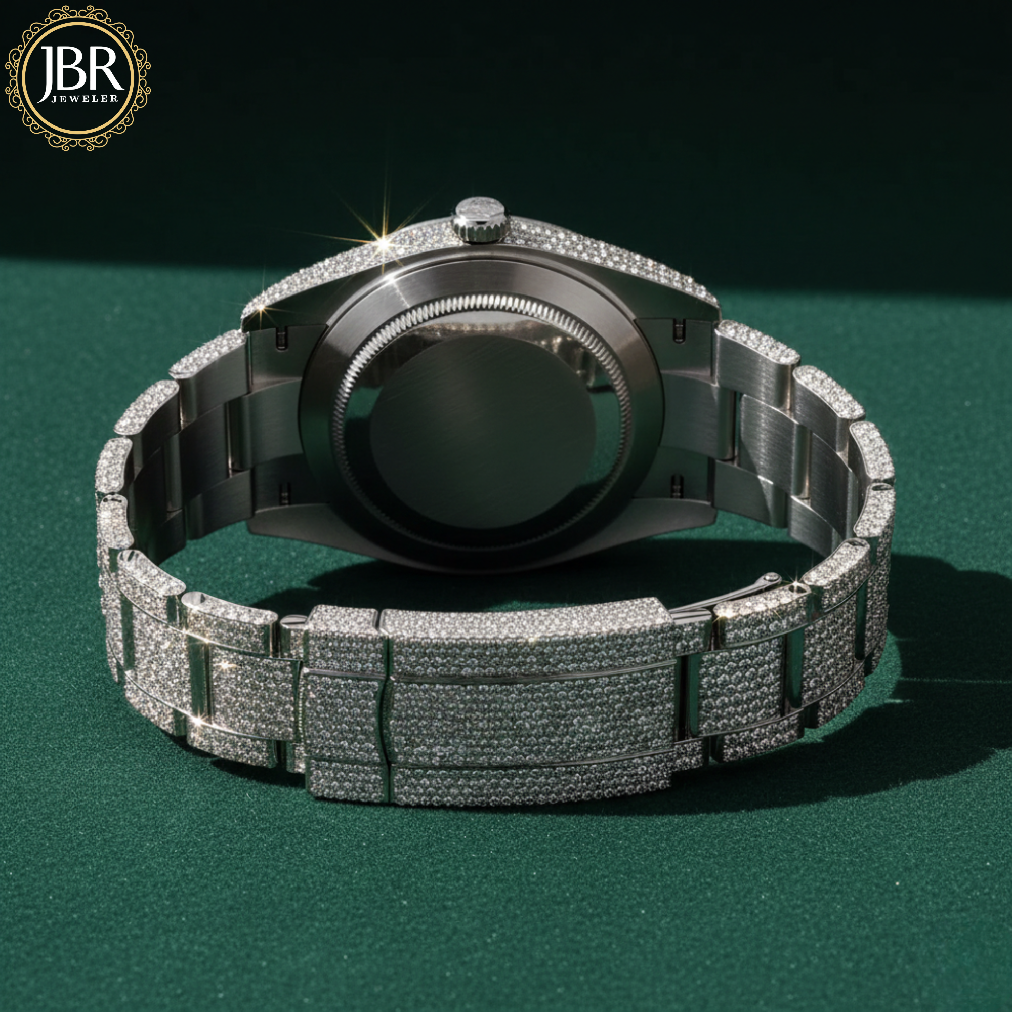 Men’s blue dial moissanite fully iced out watch with sparkling stones, bold luxury design, and polished metal strap for standout style.