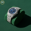 Men’s blue dial moissanite fully iced out watch with sparkling stones, bold luxury design, and polished metal strap for standout style.