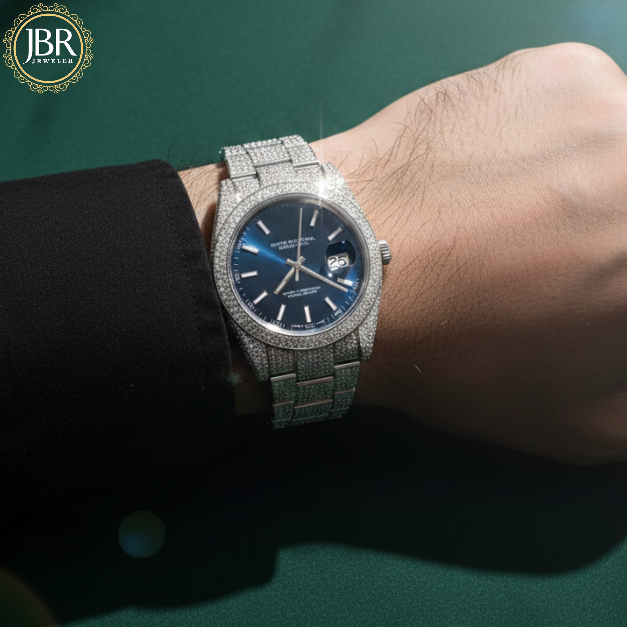 Men’s blue dial moissanite fully iced out watch with sparkling stones, bold luxury design, and polished metal strap for standout style.