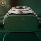 Men’s custom iced out skeleton watch fully flooded with real moissanite stones featuring automatic movement and transparent dial design