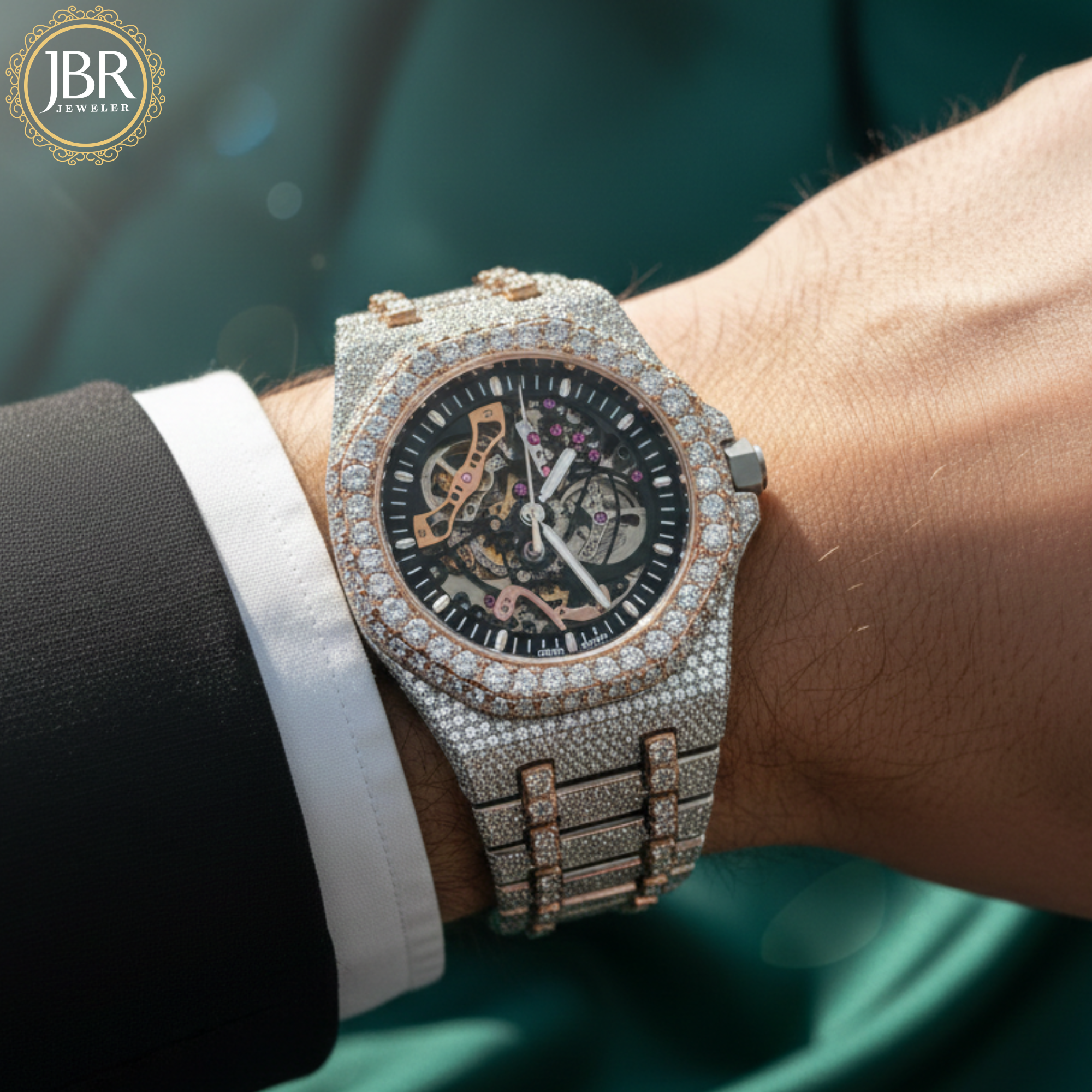 Men’s custom iced out skeleton watch fully flooded with real moissanite stones featuring automatic movement and transparent dial design