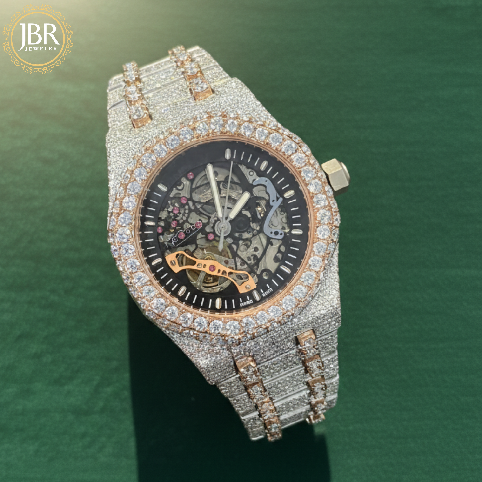 Men’s custom iced out skeleton watch fully flooded with real moissanite stones featuring automatic movement and transparent dial design