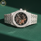 Men’s custom iced out skeleton watch fully flooded with real moissanite stones featuring automatic movement and transparent dial design