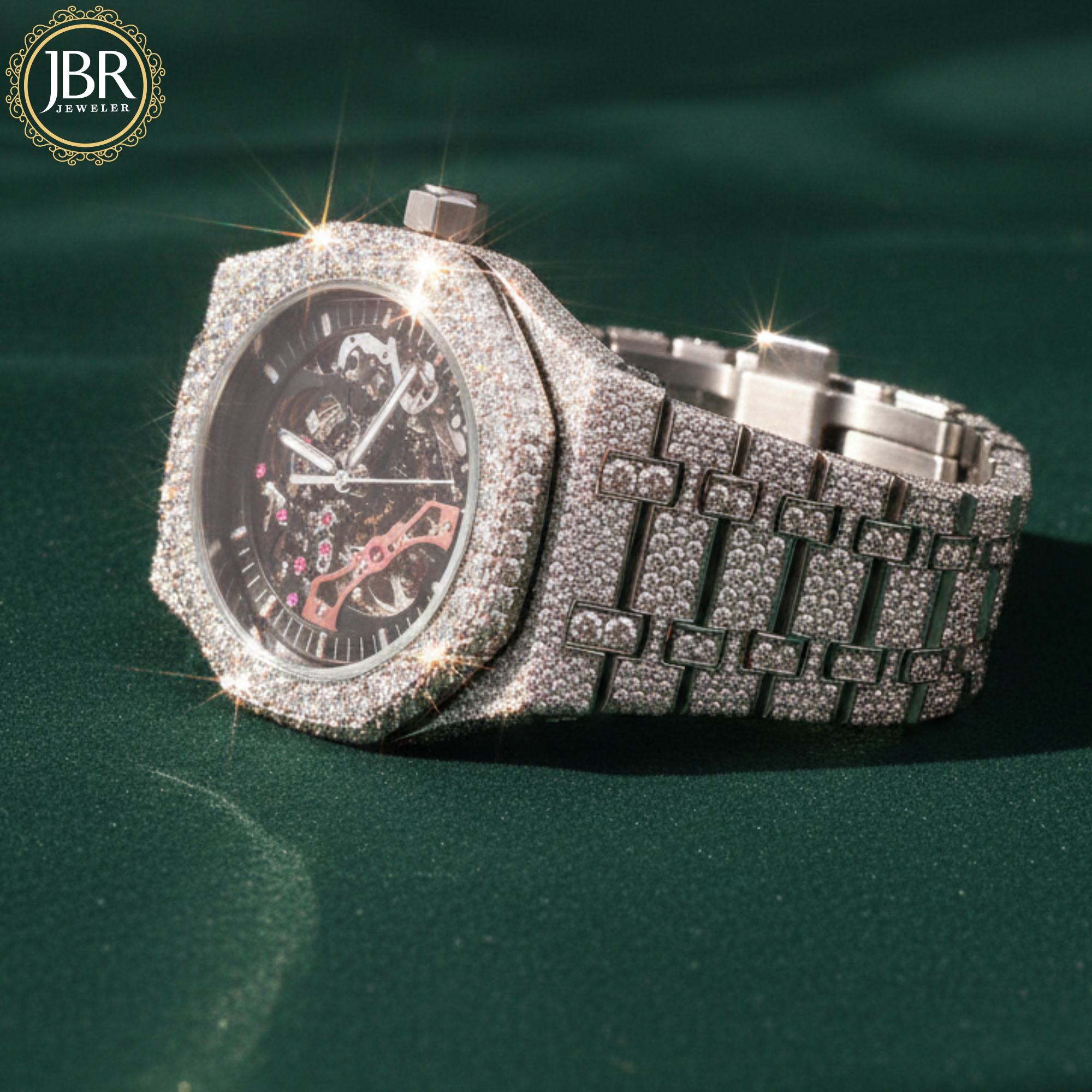 Men’s custom iced out skeleton watch fully flooded with real moissanite stones featuring automatic movement and transparent dial design