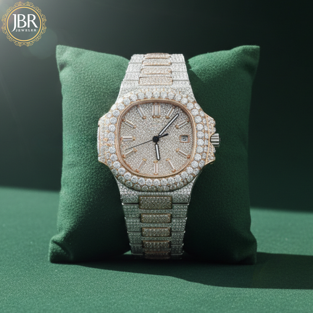 Men's Fully Studded Two Tone Full Diamond Watch For Gift