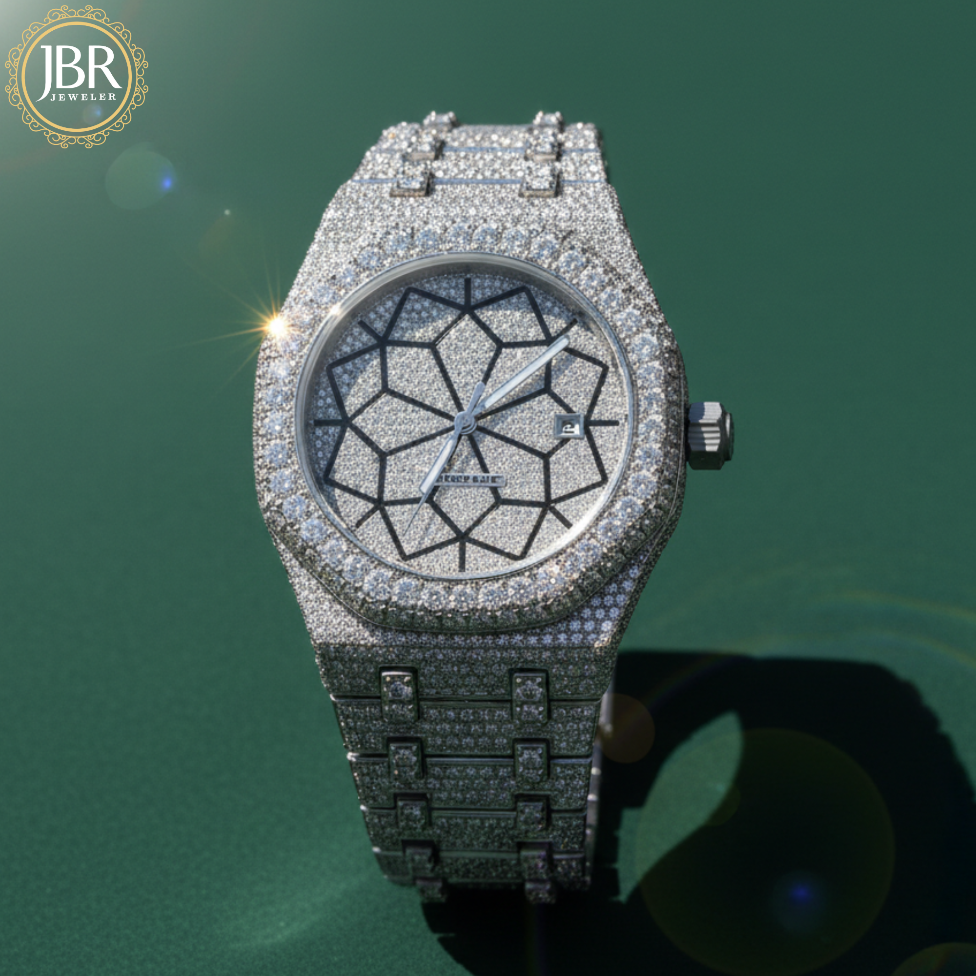 Men’s trendy VVS moissanite diamond watch featuring a fully iced-out bezel and dial, hand-set sparkling stones, and a bold modern design with a high-polish luxury finish.