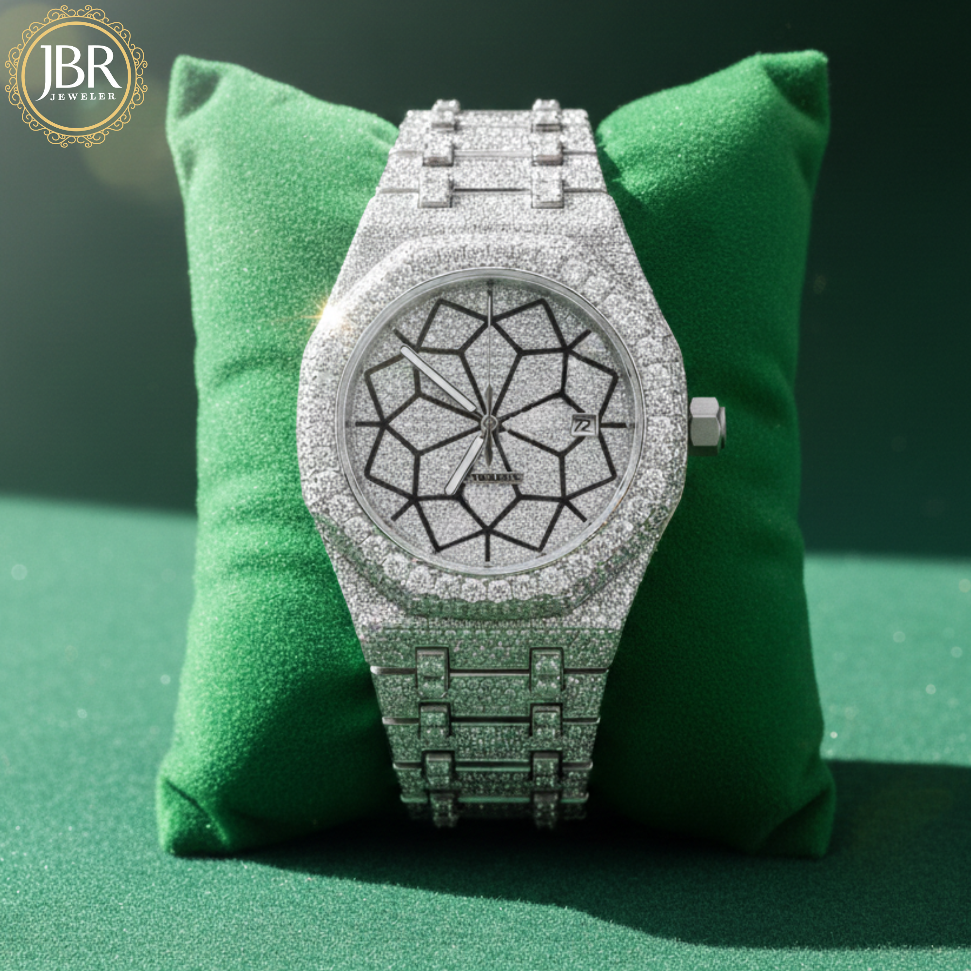 Men’s trendy VVS moissanite diamond watch featuring a fully iced-out bezel and dial, hand-set sparkling stones, and a bold modern design with a high-polish luxury finish.