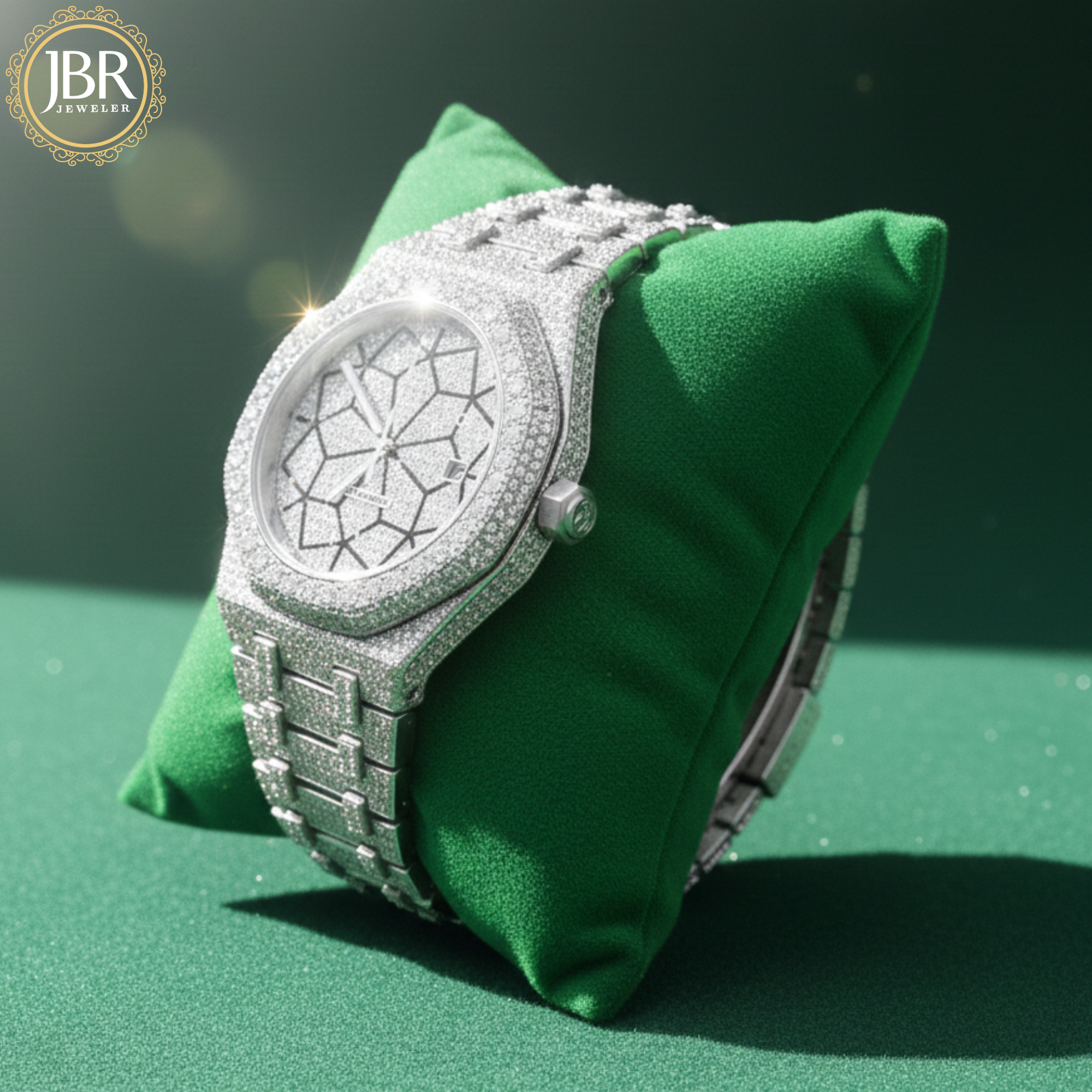 Men’s trendy VVS moissanite diamond watch featuring a fully iced-out bezel and dial, hand-set sparkling stones, and a bold modern design with a high-polish luxury finish.