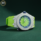 Luxury watch with green strap and diamond-studded case on a dark green background, featuring JBR Jewels 