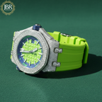Luxury watch with green strap and diamond-studded face on a green background, featuring JBR Jewels 