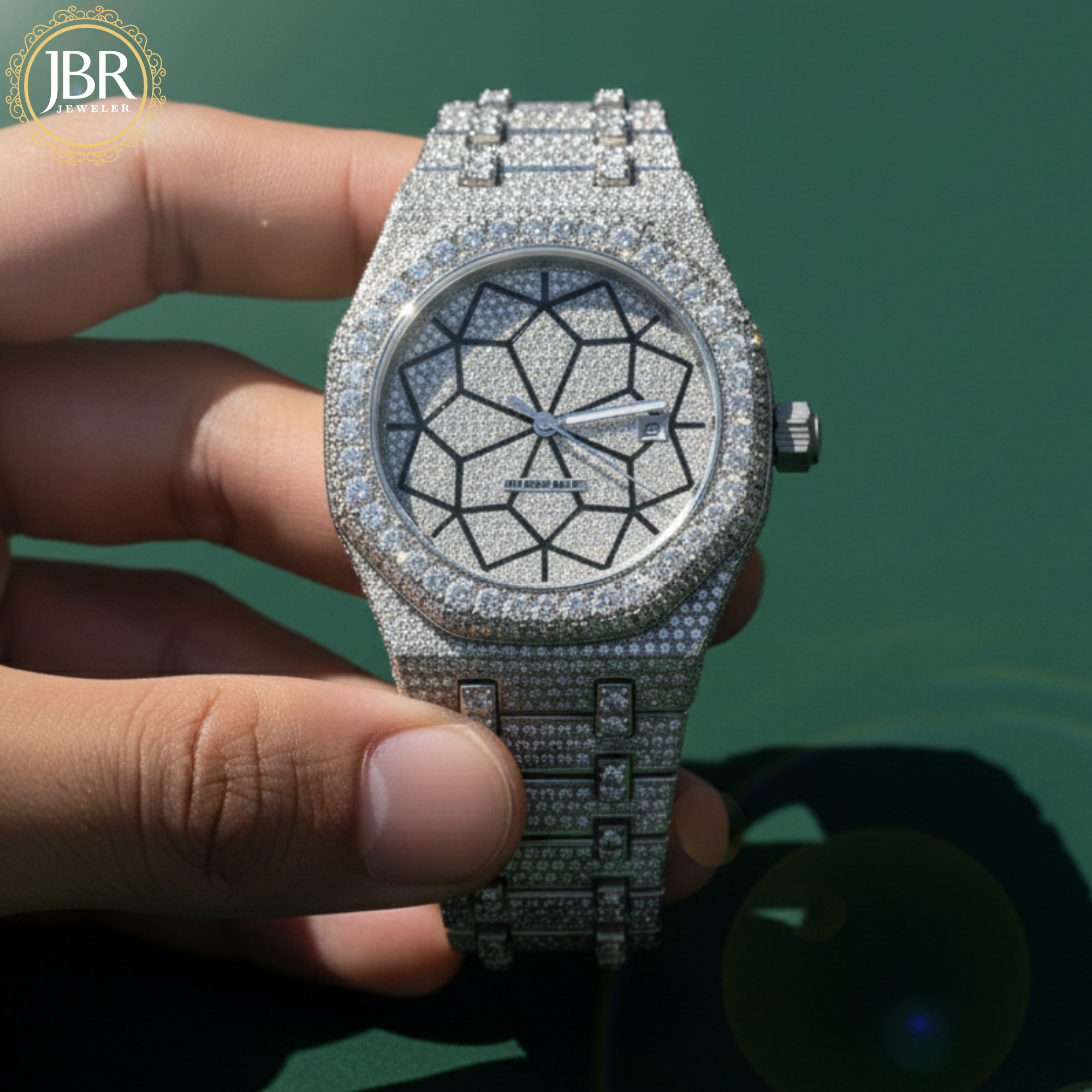 Men’s trendy VVS moissanite diamond watch featuring a fully iced-out bezel and dial, hand-set sparkling stones, and a bold modern design with a high-polish luxury finish.