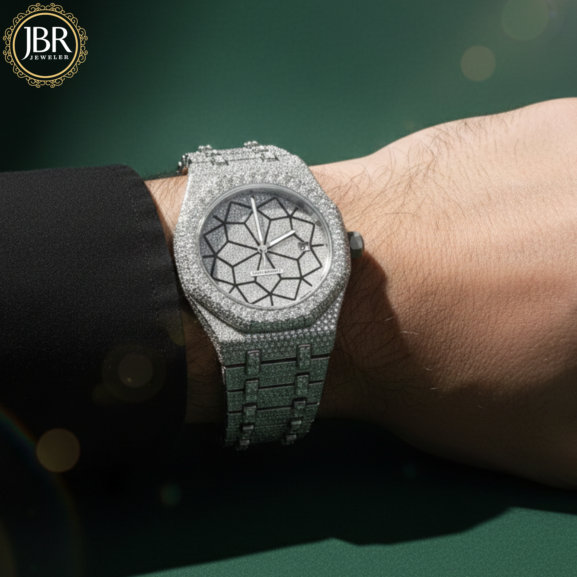 Men’s trendy VVS moissanite diamond watch featuring a fully iced-out bezel and dial, hand-set sparkling stones, and a bold modern design with a high-polish luxury finish.