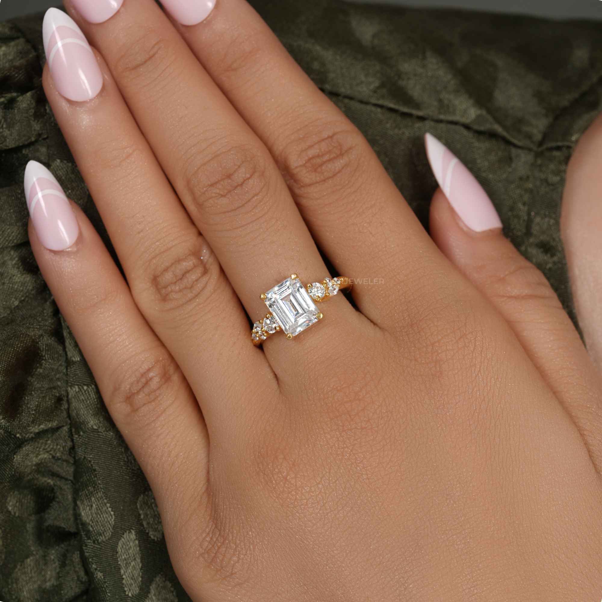 Milgrain Three Stone Emerald Lab grown Diamond Engagement Ring - JBR Jeweler