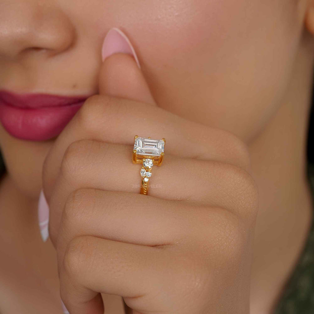 Milgrain Three Stone Emerald Lab grown Diamond Engagement Ring