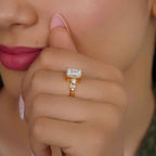 Milgrain Three Stone Emerald Lab grown Diamond Engagement Ring