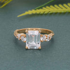 Milgrain Three Stone Emerald Moissanite Diamond Engagement Ring - JBR Jeweler