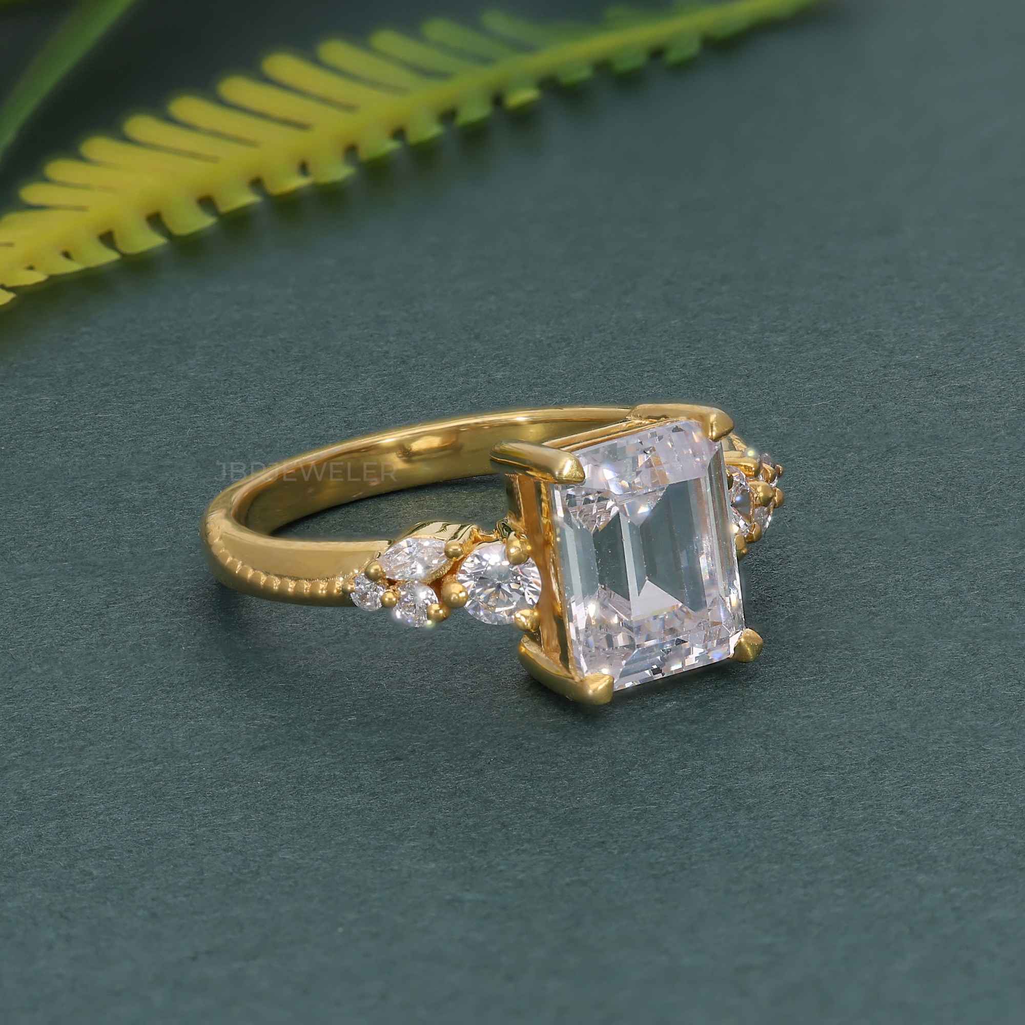 Milgrain Three Stone Emerald Moissanite Diamond Engagement Ring - JBR Jeweler