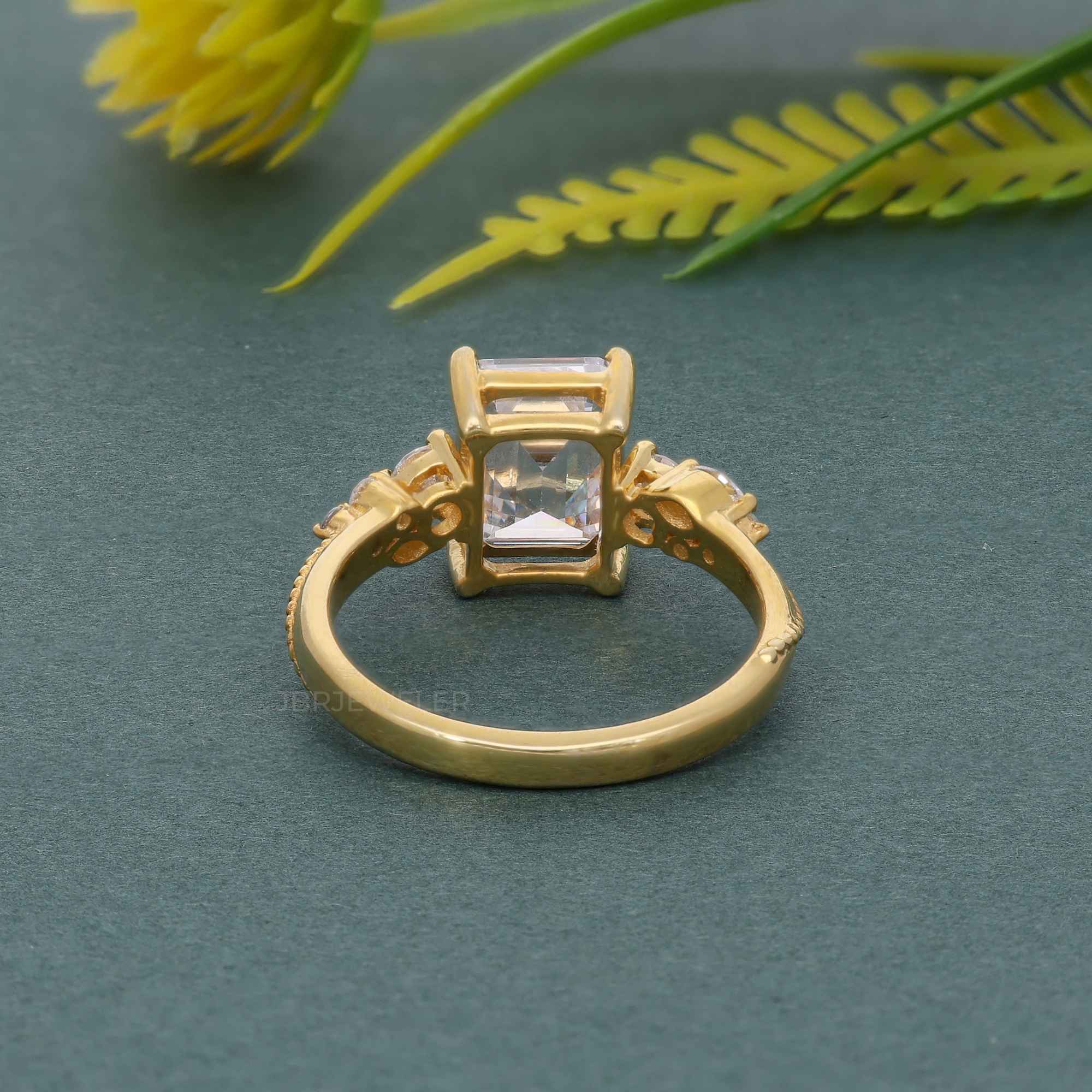 Milgrain Three Stone Emerald Lab grown Diamond Engagement Ring