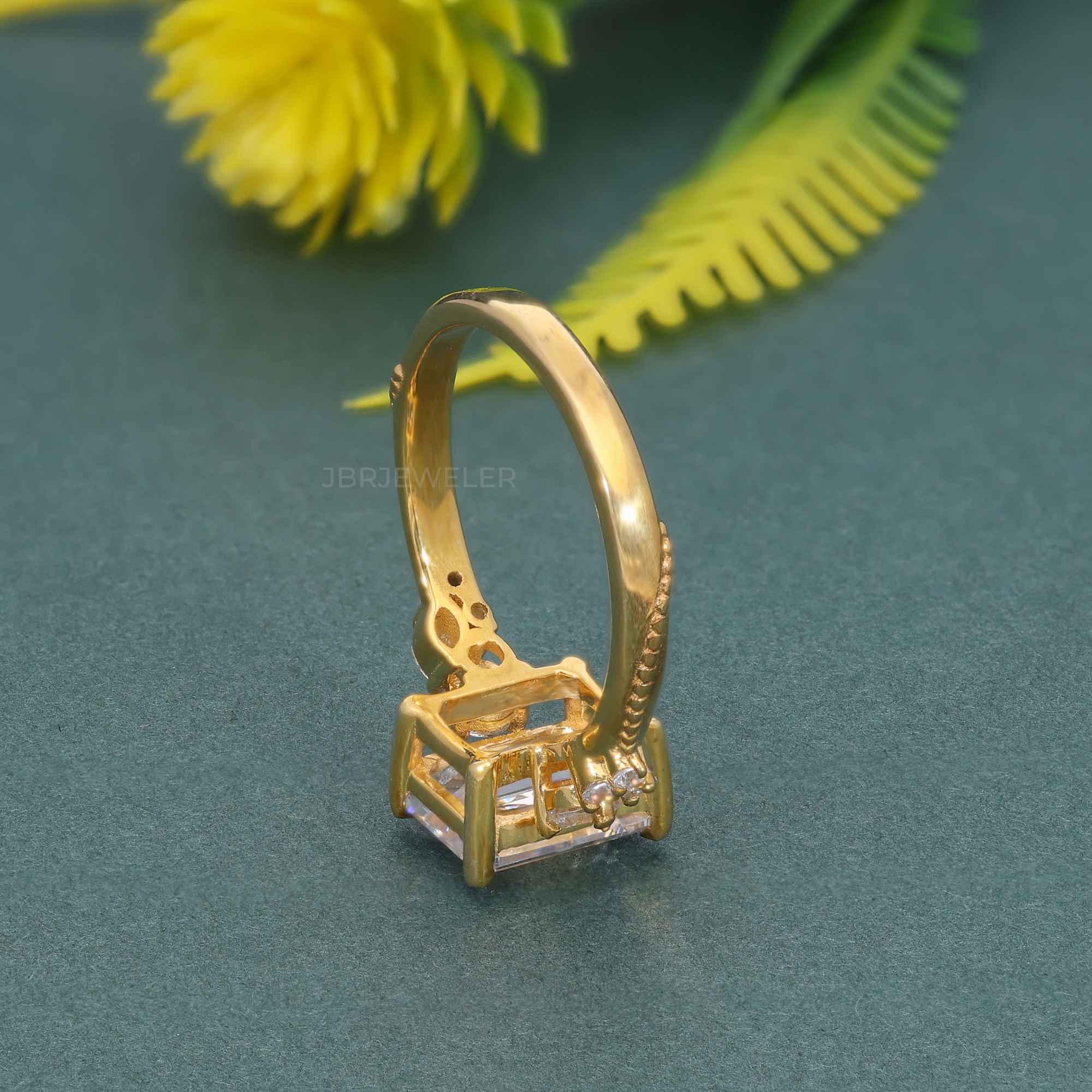 Milgrain Three Stone Emerald Moissanite Diamond Engagement Ring - JBR Jeweler