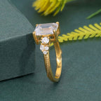 Milgrain Three Stone Emerald Lab grown Diamond Engagement Ring