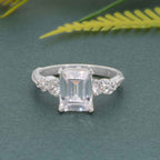 Milgrain Three Stone Emerald Lab grown Diamond Engagement Ring