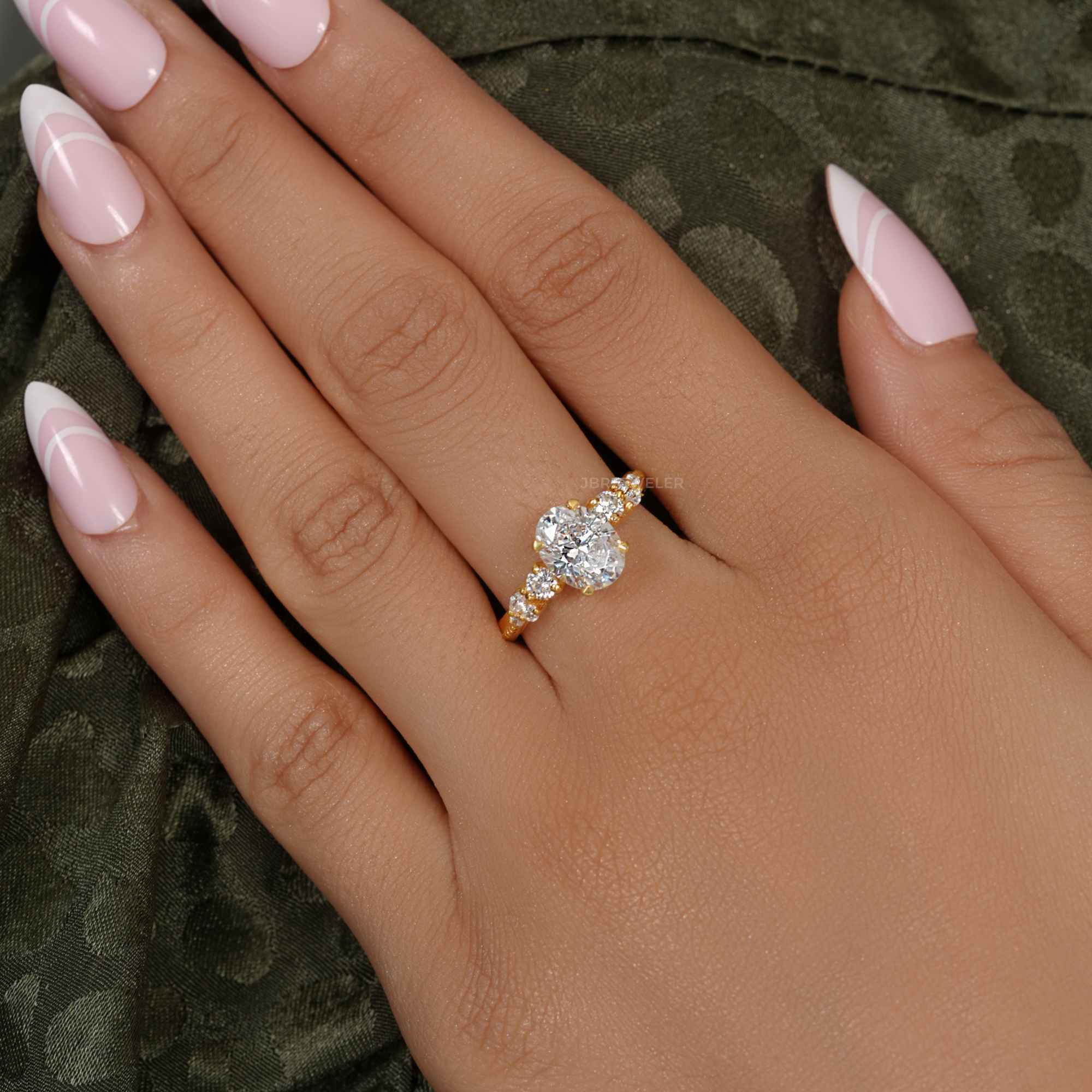 Milgrain Three Stone Oval Lab grown Diamond Engagement Ring - JBR Jeweler