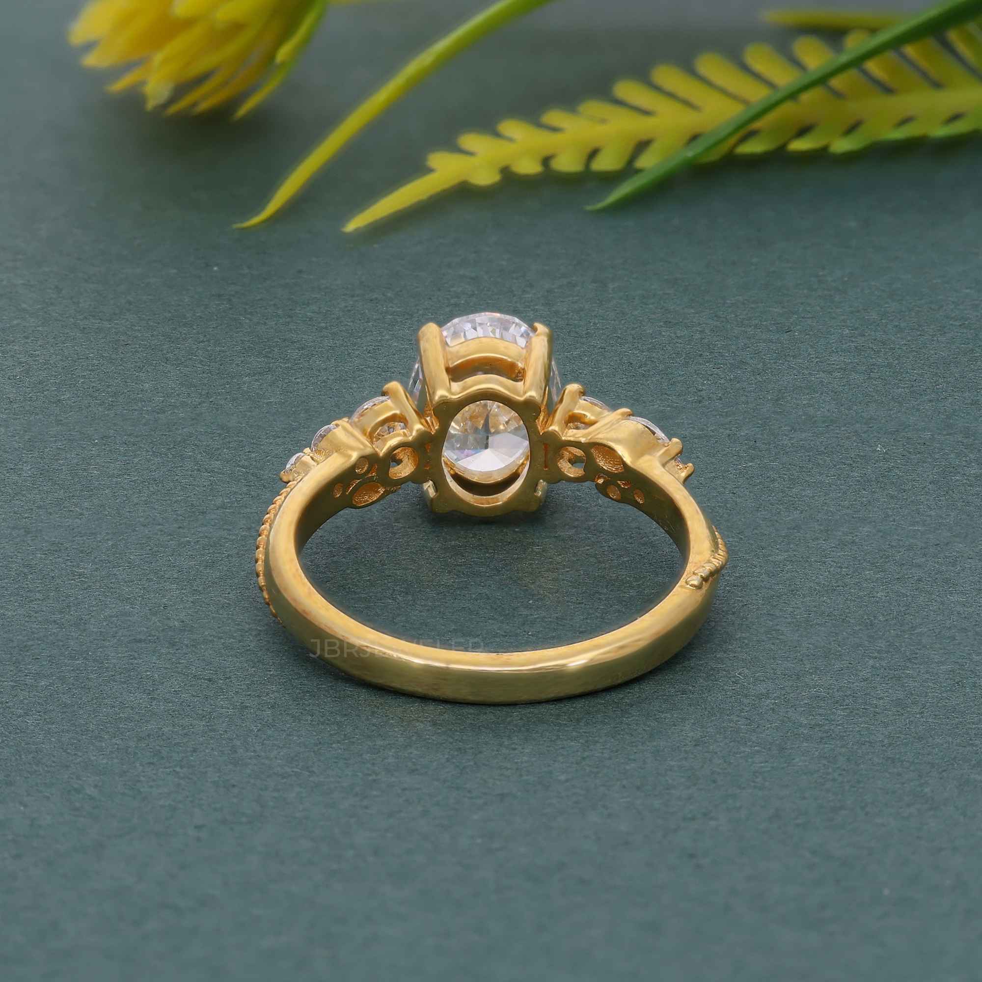 Milgrain Three Stone Oval Moissanite Diamond Engagement Ring - JBR Jeweler