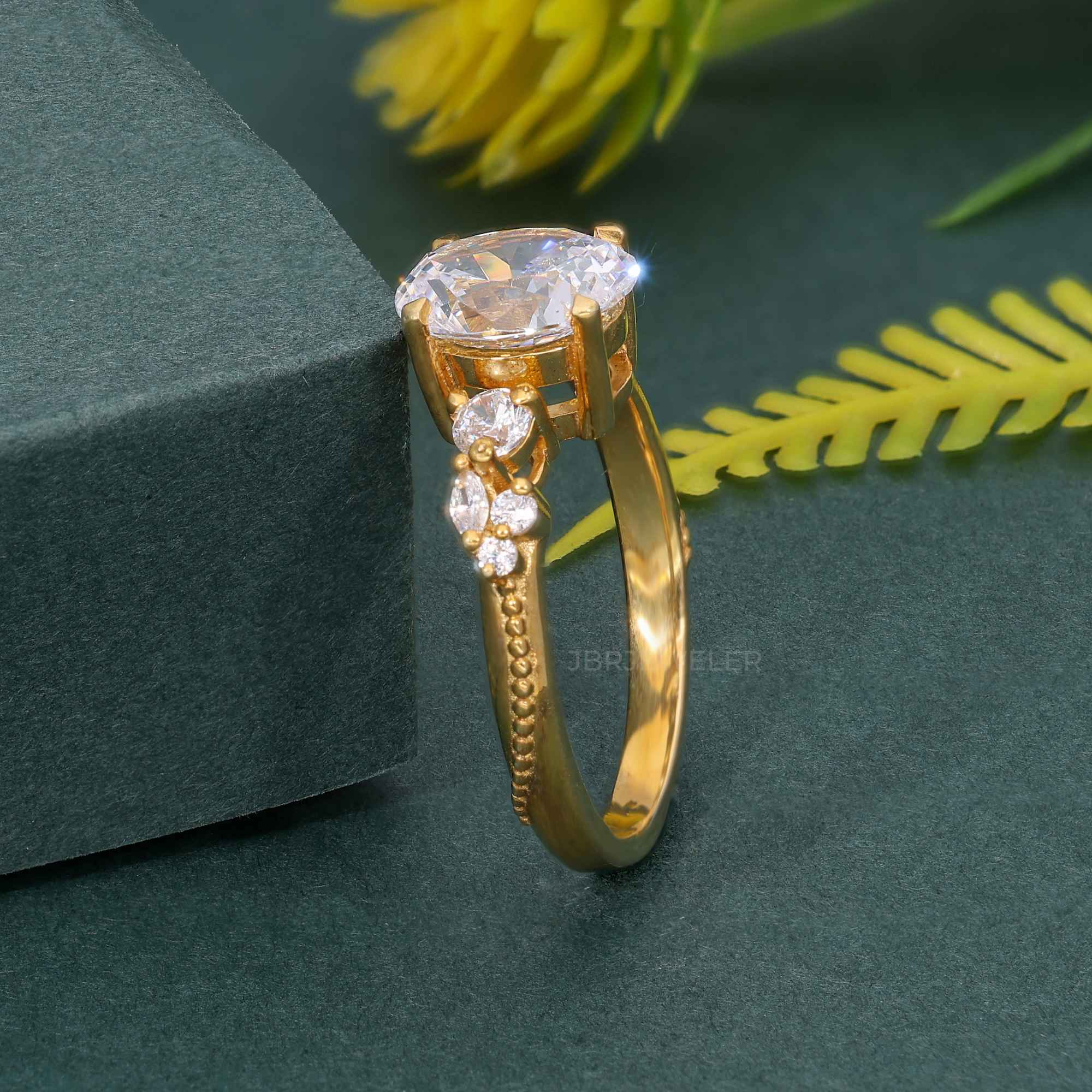 Milgrain Three Stone Oval Moissanite Diamond Engagement Ring - JBR Jeweler