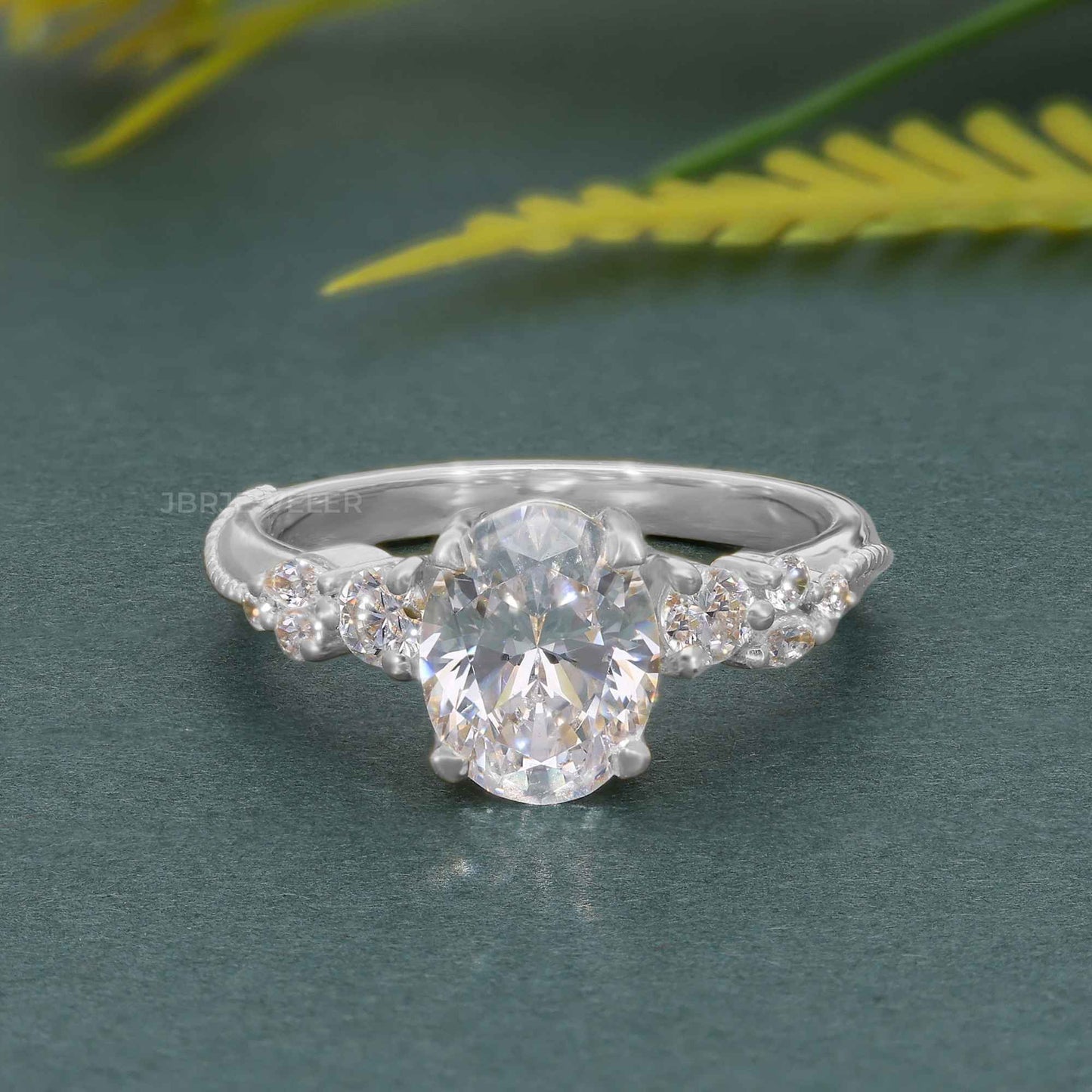 Milgrain Three Stone Oval Moissanite Diamond Engagement Ring